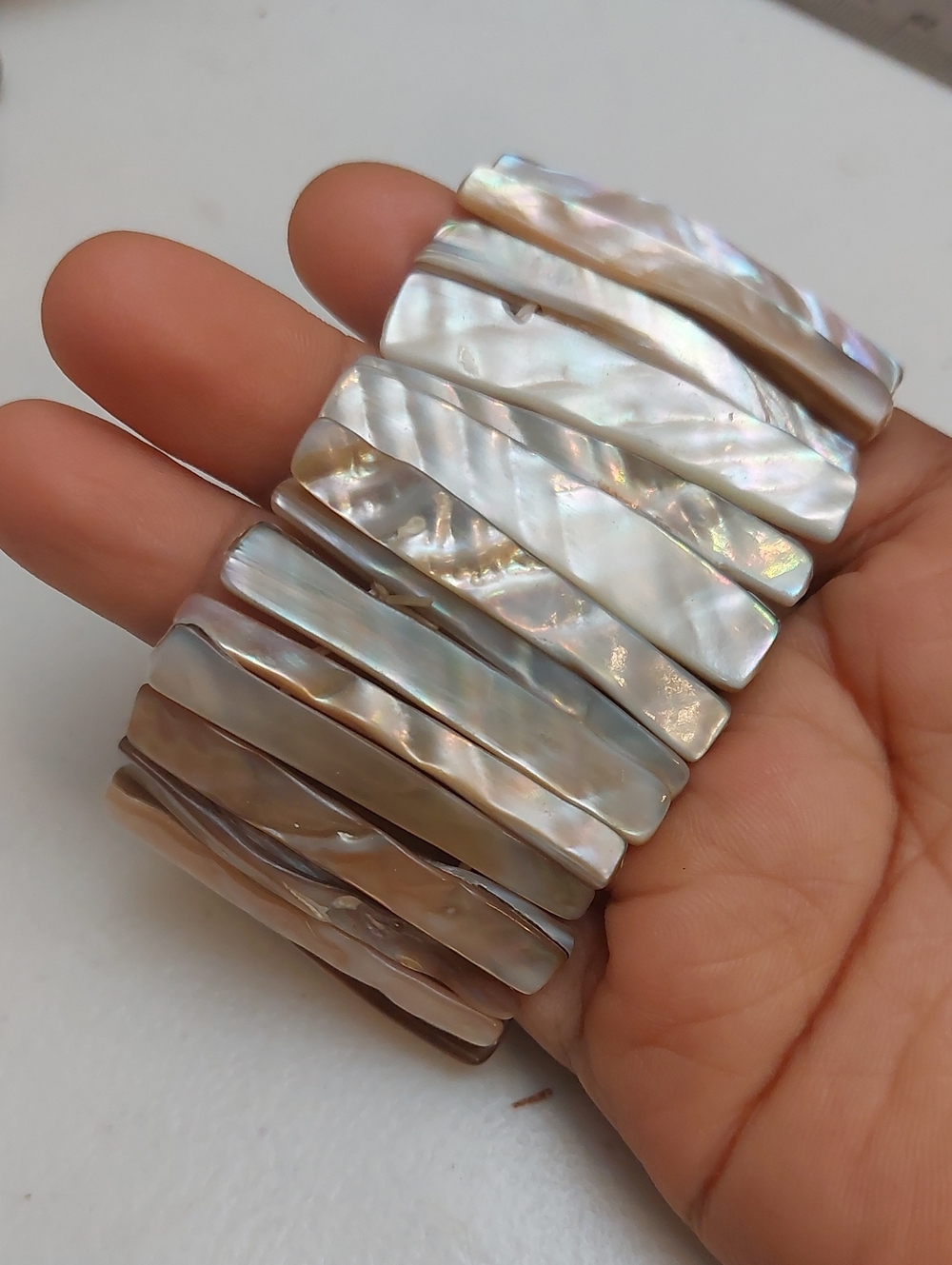 Iridescent Cream Taupe Hue Mop Shells Wide Stretch Bracelet